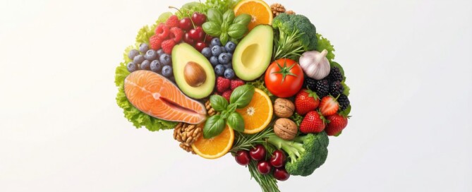 A human brain shape composed of colorful whole foods including salmon, avocado, blueberries, walnuts, and vegetables — representing the food-mood connection and nutritional psychiatry.