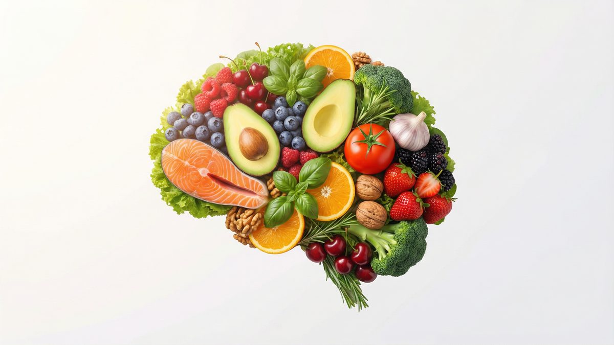 A human brain shape composed of colorful whole foods including salmon, avocado, blueberries, walnuts, and vegetables — representing the food-mood connection and nutritional psychiatry.